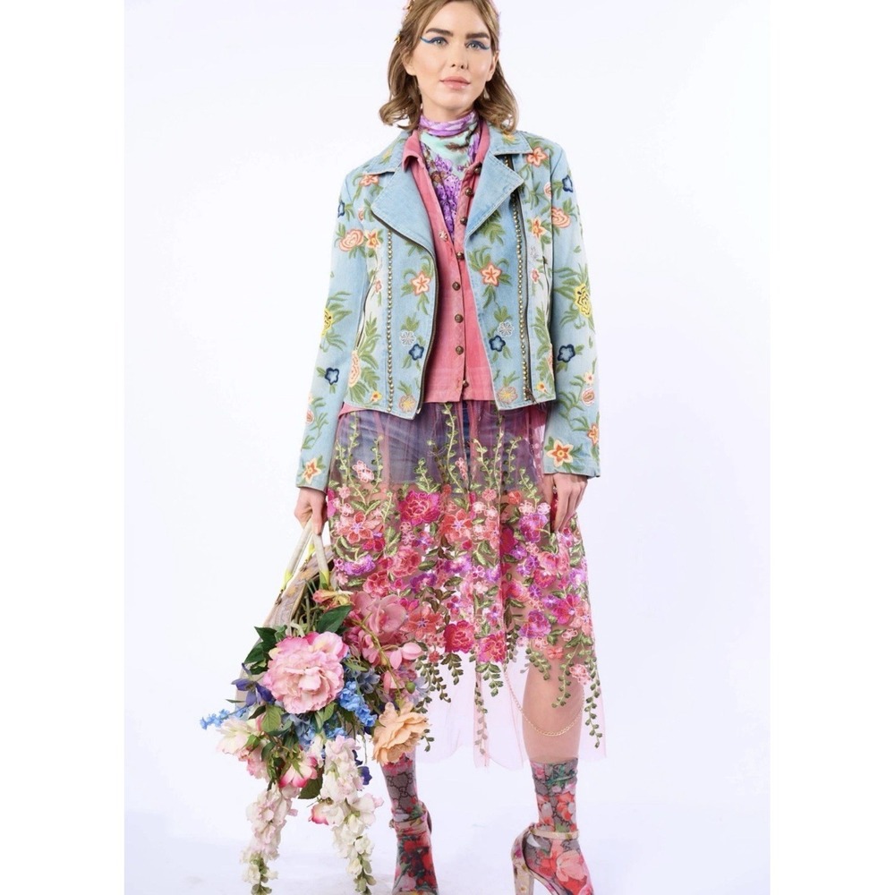 Aratta Lucinda Embroidered Denim Motorcycle Jacket Boho Festival Victorian - Picture 2 of 6
